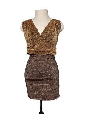 Metallic Two-Tone Glitter Bodycon Dress - Gold Top, Bronze Skirt